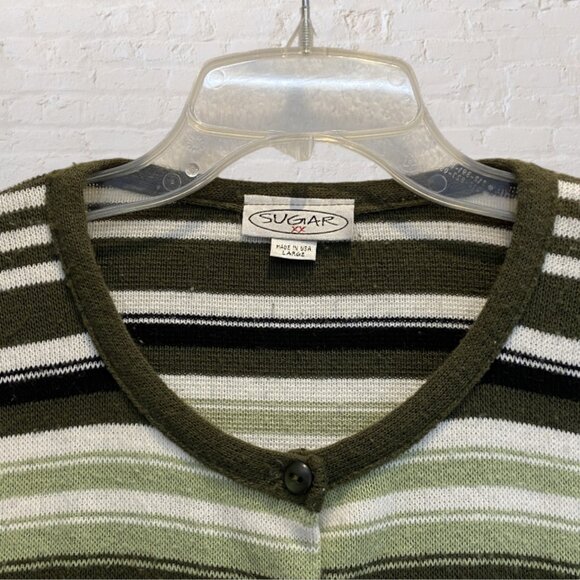 VINTAGE SUGAR -- Sweater, Lightweight, Green and White Striped, 3/4 Sleeves - Picture 13 of 16